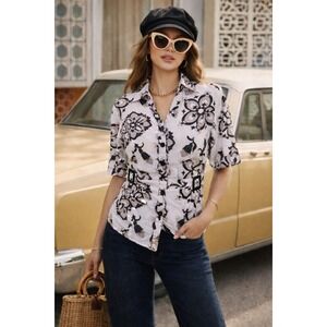 David Brooks Floral Linen Adjustable‎ Buckle Shirt Size L Retro Classic Summer